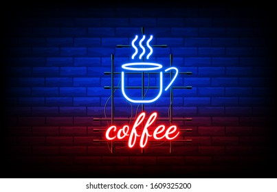 close up of night coffee neon sign on brick wall