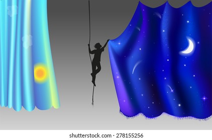 close the night curtain, day and night, day is over, night come, between two curtains, fairy tale at the sky,  vector