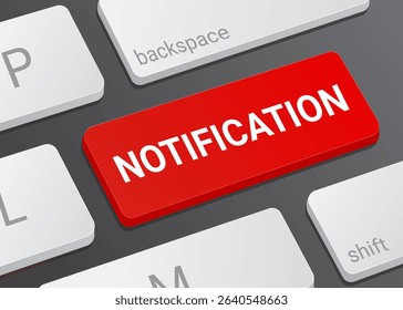 Close Up Notification Button on Laptop or Computer Keyboard for Alert Message, User Interface, System Update, and Technology 3D Illustration