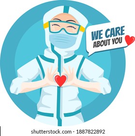 Close Up Nurse Character Illustration Wearing Ppe Hazmat Suit  Showing Love Hand Gesture Saying We Care About You For Patient Motivation Avatar Icon