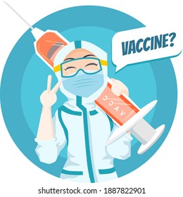 Close Up Nurse Character Illustration Wearing Ppe Hazmat Suit - Holding Syringe With Coronavirus Vaccine For Vaccination Avatar Icon