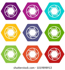 Close objective icon set many color hexahedron isolated on white vector illustration