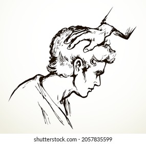Close up old age jew apostl father Lord forgive arm beg ask hope cure ill sick ancient white rite vow life. Line black drawn closeup choose call young boy church gospel concept retro vector art sketch