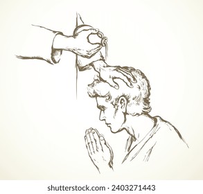 Close up old age jew father Lord forgive arm beg ask hope cure ill sick ancient white rite drop ordain vow life. Line black drawn closeup choose call boy church gospel concept retro vector art sketch