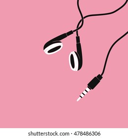 Close up on black and white ear buds on pink background. Vector illustration