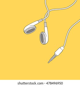 Close up on black and white ear buds on yellow background. Vector illustration