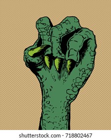 Close up on clenched green lizard hand over brown halftone background