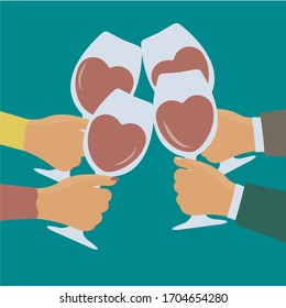 close up on flat design holiday cartoon vector graphic. hands clinking & people enjoy together holding red wine glass heart shape. enjoy the moment & celebrate illustration macro. business love moment