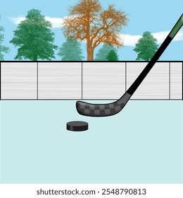 close up on hockey stick and puck with landscape of trees in the back