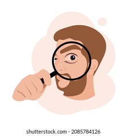 Close up on side view of face of young man cartoon holding a magnifying glass .Handsome man looking through lens with big eye during research.Vector isolate flat design concept for zoom,find something