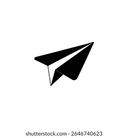 Close up on a silhouetted, stylized paper airplane, oriented diagonally. The sharp lines of the plane contrast against the clean white background.