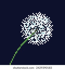Close up one white dandelion flower. Pixel bit retro game styled vector illustration drawing. Taraxacum officinale. Simple flat cartoon art isolated on dark blue square background.