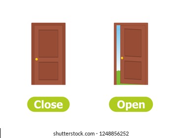 CLOSE and OPEN. Antonyms and opposites. Card for children, teaching aid for a English language learning. 