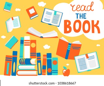 Close and open books in different positions with bubble read the book lettering. Knowledge, learning, education, relax and enjoy concept design. Vector illustration in flat style.