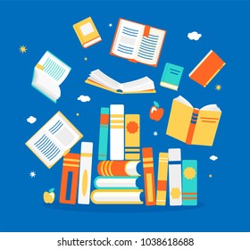 Close and open books in different positions. Knowledge, learning, education, relax and enjoy concept design. Vector illustration in flat style.