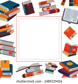 Close and open books in different positions in square frame with free space for text, literature vector illustration. Knowledge, learning and education. Cartoon style books frame.