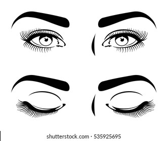 Close and open eyes of beautiful woman, long eyelashes. cosmetic model vector set. Human beauty eyes,, fashion makeup for woman eyes illustration.