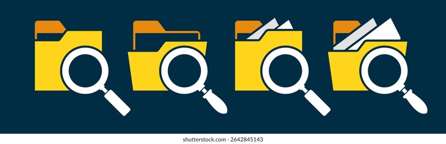 Close and open folders documents icons vector illustration set. In full color version. Folder and magnifying glass icons and symbols.