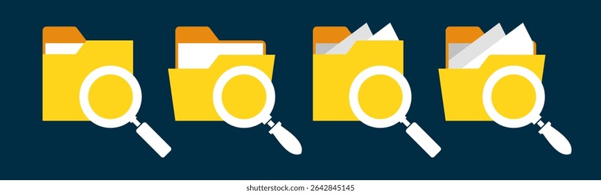 Close and open folders documents icons vector illustration set. In full color version. Folder and magnifying glass icons and symbols.