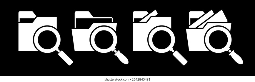 Close and open folders documents icons vector illustration set. In black and white color version. Folder and magnifying glass icons and symbols.