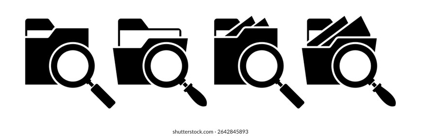 Close and open folders documents icons vector illustration set. In black and white color version. Folder and magnifying glass icons and symbols.