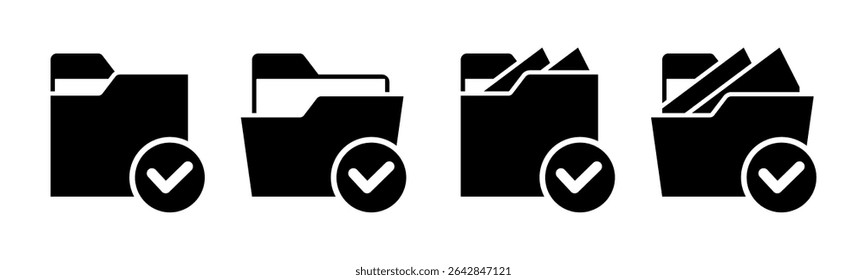 Close and open folders documents icons vector illustration set. In black and white version. Folder with check mark icon and symbol.