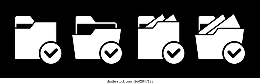 Close and open folders documents icons vector illustration set. In black and white version. Folder with check mark icon and symbol.