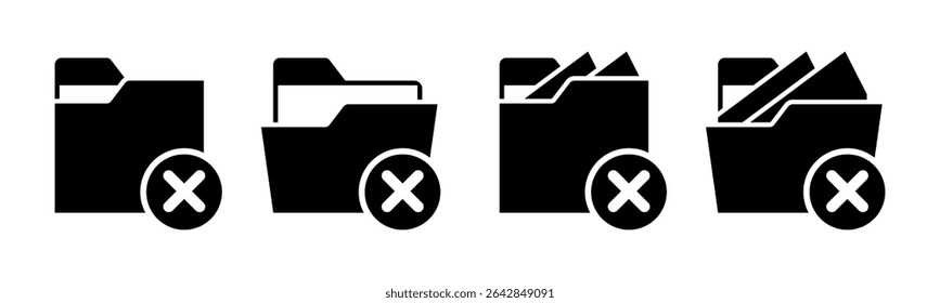 Close and open folders documents icons vector illustration set. In black and white version. Folders with crossed or rejected icons and symbols.