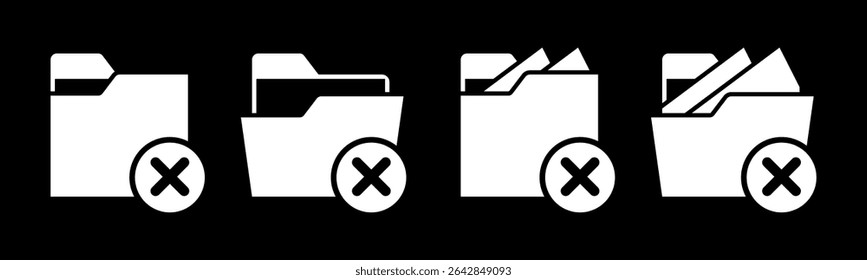 Close and open folders documents icons vector illustration set. In black and white version. Folders with crossed or rejected icons and symbols.