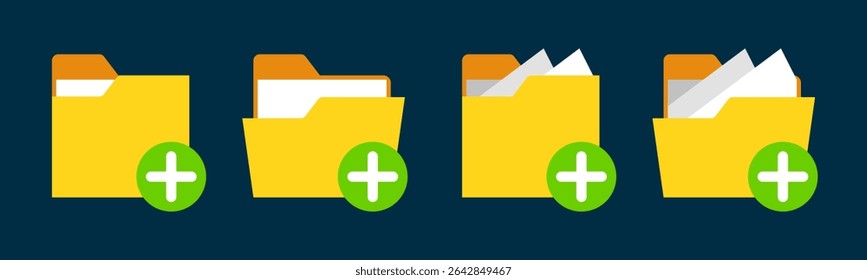 Close and open folders documents icons vector illustration set. In full color version. Folders with plus or add icons and symbols.