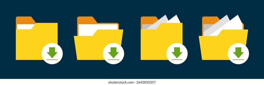 Close and open folders documents icons vector illustration set. In full color version. Folders with save or download icons and symbols.