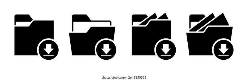 Close and open folders documents icons vector illustration set. In black and white color version. Folders with save or download icons and symbols.