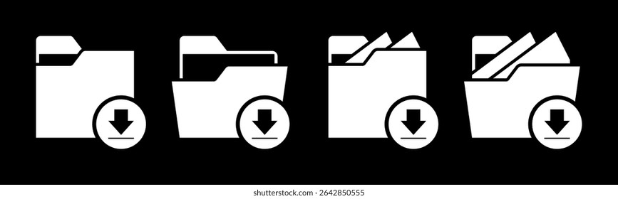Close and open folders documents icons vector illustration set. In black and white color version. Folders with save or download icons and symbols.