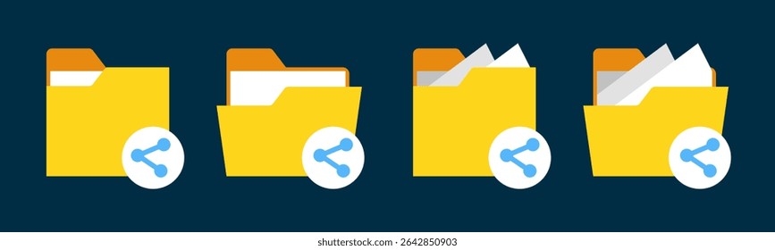Close and open folders documents icons vector illustration set. In full color version. Folders with share or spread icons and symbols.