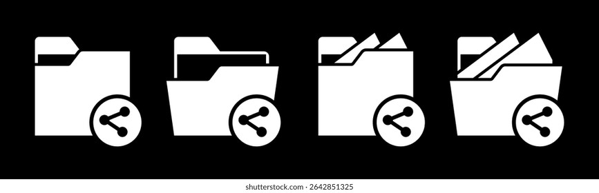 Close and open folders documents icons vector illustration set. In black and white color version. Folders with share or spread icons and symbols.