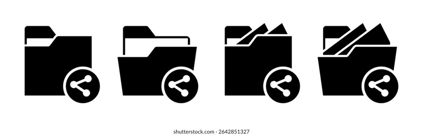 Close and open folders documents icons vector illustration set. In black and white color version. Folders with share or spread icons and symbols.