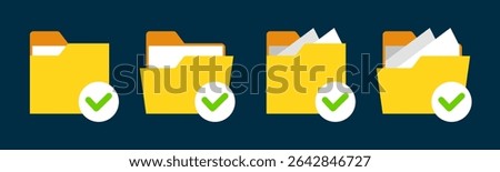 Close and open folders documents icons vector illustration set. In full color version. Folder with check mark icon and symbol.