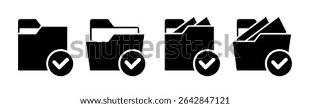 Close and open folders documents icons vector illustration set. In black and white version. Folder with check mark icon and symbol.
