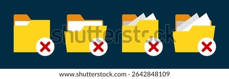Close and open folders documents icons vector illustration set. In full color version. Folders with crossed or rejected icons and symbols.