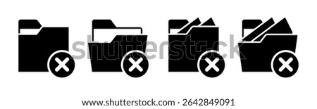 Close and open folders documents icons vector illustration set. In black and white version. Folders with crossed or rejected icons and symbols.