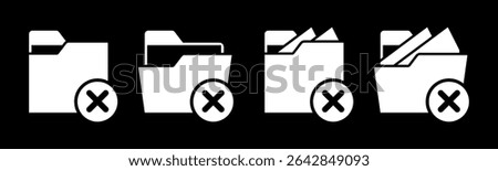 Close and open folders documents icons vector illustration set. In black and white version. Folders with crossed or rejected icons and symbols.