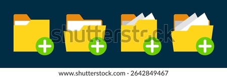 Close and open folders documents icons vector illustration set. In full color version. Folders with plus or add icons and symbols.