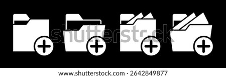 Close and open folders documents icons vector illustration set. In black and white version. Folders with plus or add icons and symbols.