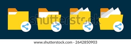 Close and open folders documents icons vector illustration set. In full color version. Folders with share or spread icons and symbols.