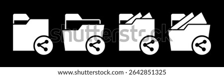 Close and open folders documents icons vector illustration set. In black and white color version. Folders with share or spread icons and symbols.