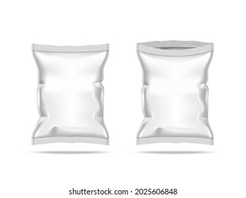 Close And Open Food Snack Pillow Bag On White Background. EPS10 Vector