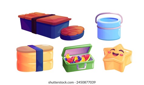 Close and open lunchbox for school or office dinner. Cartoon vector illustration set of plastic different shape box for food for lunch break. Childish eco bento package. Container for meal.