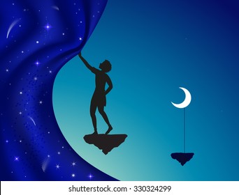 close or open the night curtain, silhouette, boy or young wizard standing on flying rock with moon on stick and  close or open fairy night curtain, vector