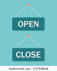 Close and open sign. Retro banner on door for welcome in shop or office. Hanging board with notice of open or closed on storefront. Signboard for business in store, cafe. Label for service. Vector.