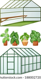 Close and open view of empty greenhouse with many plants in pots illustration